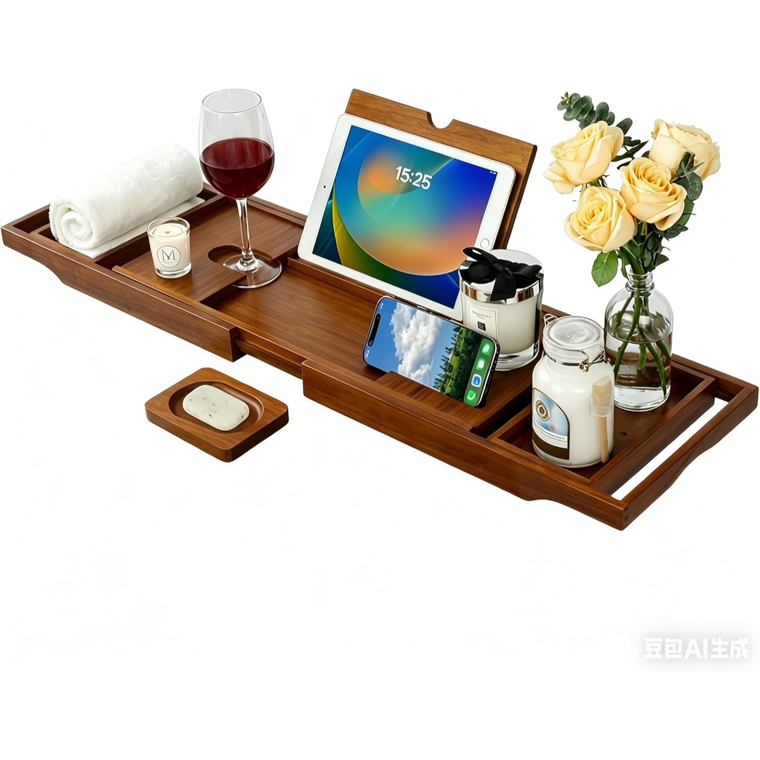 Bath Caddy Tray - Teak Bathtub Caddy, Expandable Bath Tray