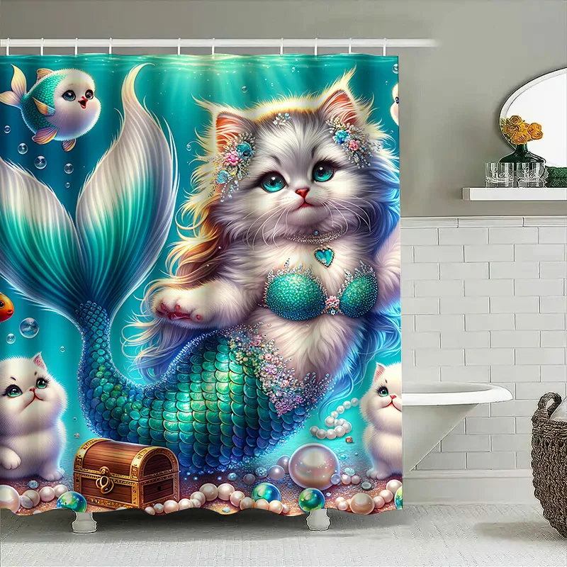 Shower Curtain Mermaid Cat Fis - Home Decor Bathroom Ideas avaliação e preço
