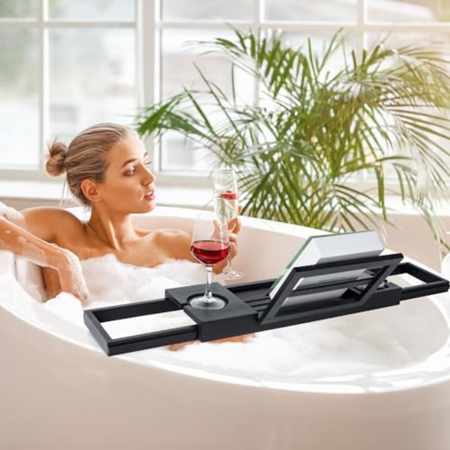 Bamboo Bathtub Tray Black Adju - Bath Caddy Tray avaliação e preço