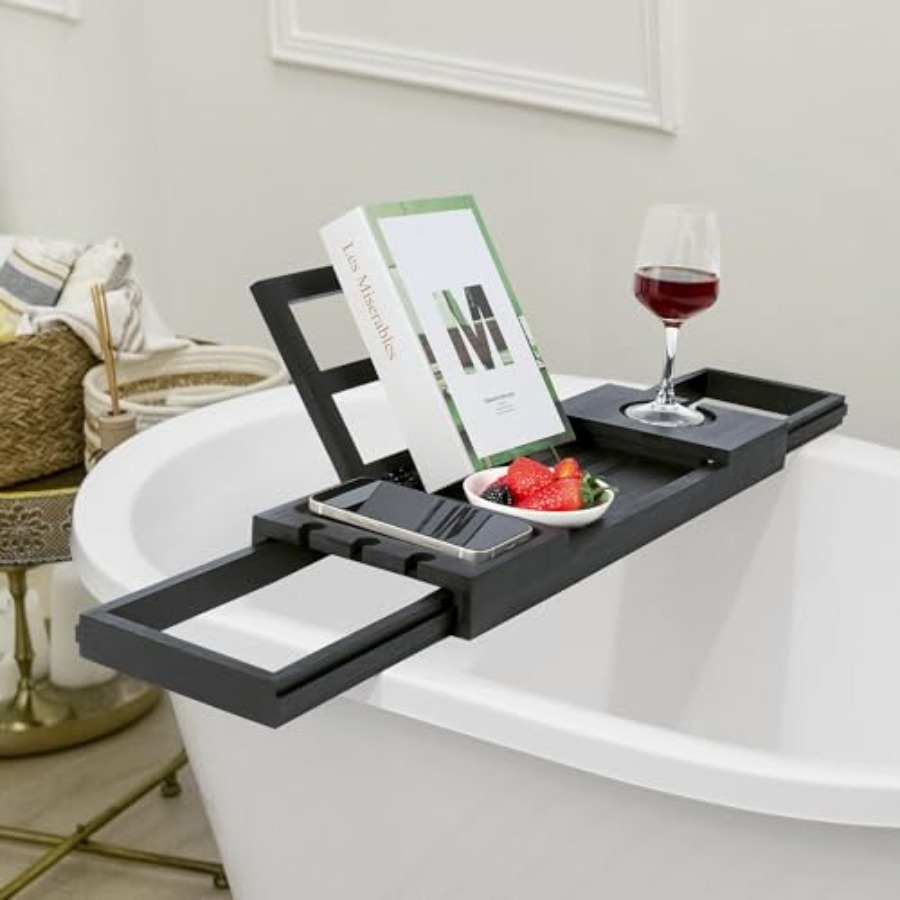 Bamboo Bathtub Tray Black Adju - Bath Caddy Tray avaliação e preço